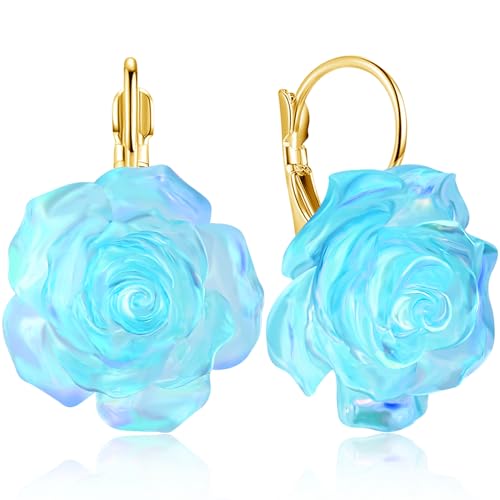 Handmade Bohemian Aesthetic Dainty Acrylic Flower Petal Leverback Earrings Sparkly 14K Gold Floral Dangle Drop Earrings for Women - color: Sky Blue