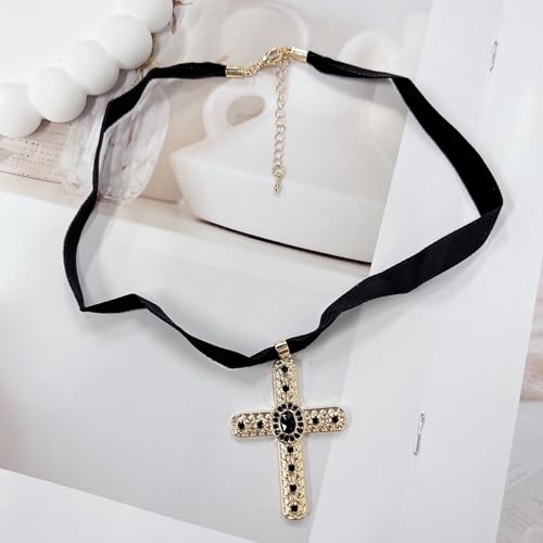 Gothic Velvet Choker Black Rhinestone Cross Pendant Necklace for Women Punk Vintage Suede Ribbon Collar Cubic Zirconia Crucifix Charm Adjustable Halloween Party Witch Cosplay Accessories Goth Jewelry