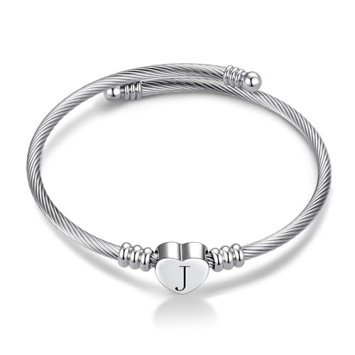 Women Initial Heart A-Z Letter Cuff Bracelet Personalized Name Expandable Wristband Bangle Bracelets Stainless Steel Birthday Jewelry - style: J