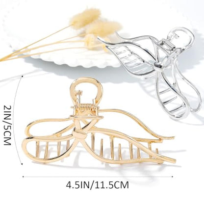 CAKURE Bow Claw Clip Gold Metal Hair Clips Medium Hair Jaw Clamps Stylish Hair Accessories for Women and Girls (Pack of 2)