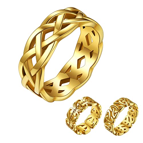 Bestyle Celtic Knot Band Rings for Men Women, Stainless Steel Irish Finger Ring Viking Wedding Bands Jewelry Gift Wedding Promise Gold Silver Black - color: 02. Gold- Celtic Knot Pattern