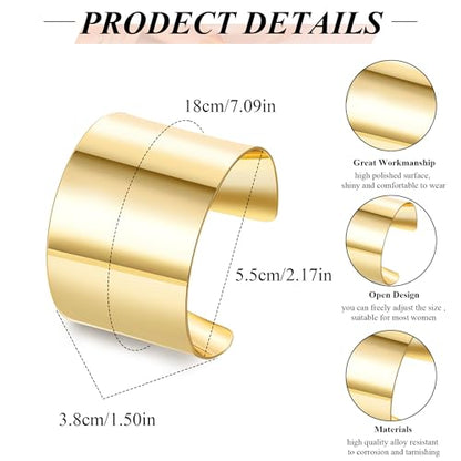 2Pcs Cuff Bangle Bracelet for Women Open Wide Bangle Bracelet Set | minimalist statement bangle bracelets，wrist cuff wrap bracelet adjustable，open wide wire grooved hammered bracelet set - color: 2PCS-Gold-B
