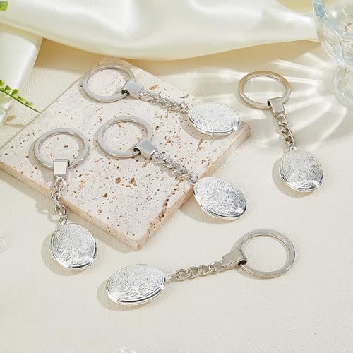 SUPERFINDINGS 5Pcs Locket Keychains Brass Memory Photo Locket Keychain Oval Flower Locket Keychains for Bag Hat Key - color: Silver