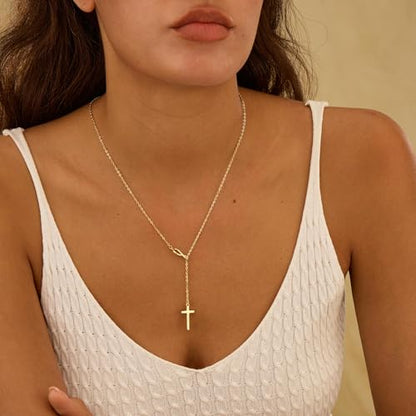 Lariat Necklace for Women, Dainty 14K Gold/Silver Plated Long Necklaces for Women Trendy Simple Layered Y-Shaped Pendant Necklace Adjustable Fashion Jewelry Gift - color: Gold, style: Infinity Cross Pendant