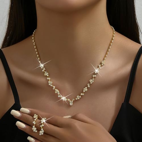 Unicra Bride Crystal Necklace Earrings Set Bridal Wedding Jewelry Sets Rhinestone Choker Necklace Costume Jewelry Set for Women and Brides - color: Gold Necklace Earrings