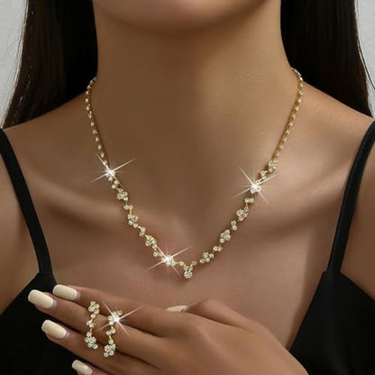 Unicra Bride Crystal Necklace Earrings Set Bridal Wedding Jewelry Sets Rhinestone Choker Necklace Costume Jewelry Set for Women and Brides - color: Gold Necklace Earrings