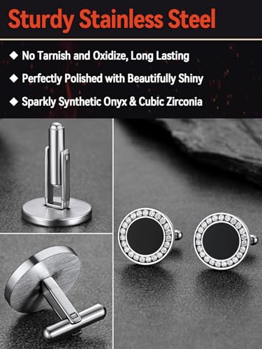 FaithHeart Mens Cufflinks, Norse Viking Tuxedo Shirt Cuff Links, Stainless Steel Cuff Links and Shirt Studs, Gift Box - style: 03. Black Onyx CZ-Silver