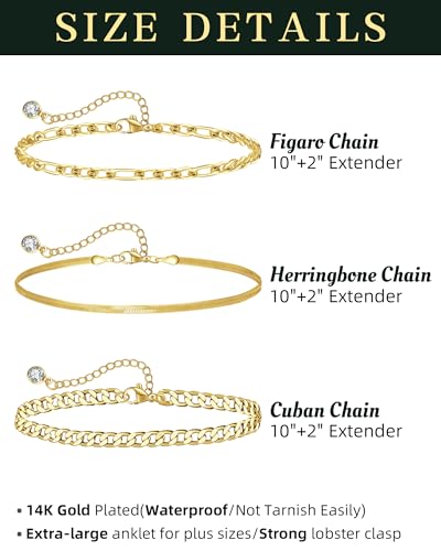 Plus Size Ankle Bracelets for Women - Extra Large 10"+2" Adjustable Anklet 14K Real Gold Plated Anklet Cuban Link, Figaro, Rope, Snake Herringbone - Summer Beach Waterproof Foot Jewelry - color: Curb,Figaro,Snake