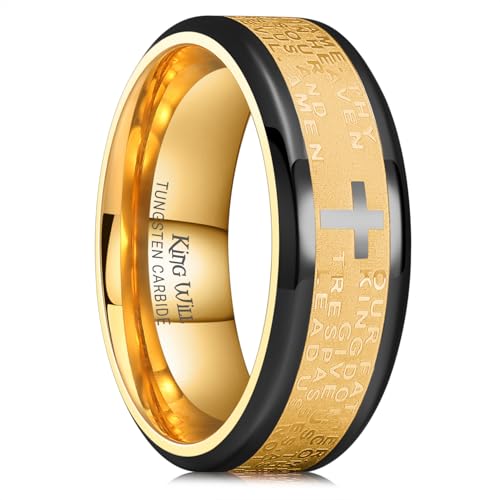 King Will Stainless Steel Men Ring Lord's Prayer Cross Ring Stainless Steel Men Wedding Ring, Wedding Band Bible Engraved Rings High Polished, Comfort Fit | 8mm, Gold/Silver/Black Wedding Band, Bible Engraved Rings, High Polished, Comfort Fit, Size 7-14 -