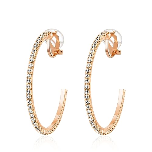 YOQUCOL 4.3CM(1.7in) Clip On Hoop Earrings Cubic Zirconia Non Pierced Ears Hoops for Women - color: Rose Gold