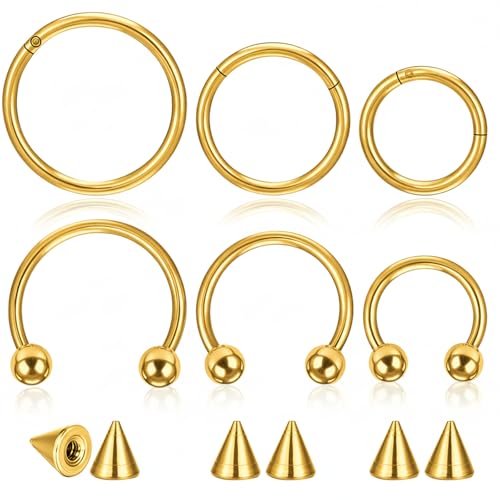 SynHHergyx 6 Pcs Nose Septum Rings 16G Horseshoe Lip Earring Ring Hoops Nose Piercing Jewelry 8mm 10mm 12mm Eyebrow Hoop Rings Piercing Jewelry - color: Gold