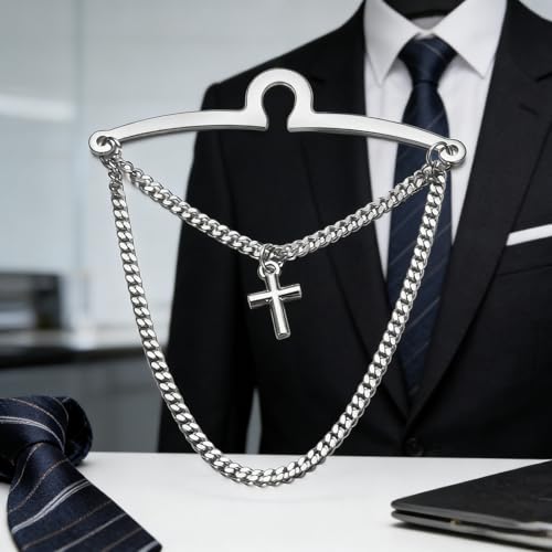 Yoursfs Silver Cross Tie Chain for Men Unique Double Chains Personalized Tie Clips Mens Loop Jewelry For Father Husband Bridegroom