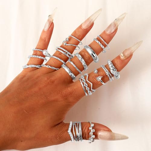 CHICUTIE Gold Knuckle Rings Set For Women Stackable Joint Finger Midi Rings Dainty Cubic Crystal Zirconia Simple Hollow Twist Cute Rings Pack Jewelry Gift - style: 47pcs Silver