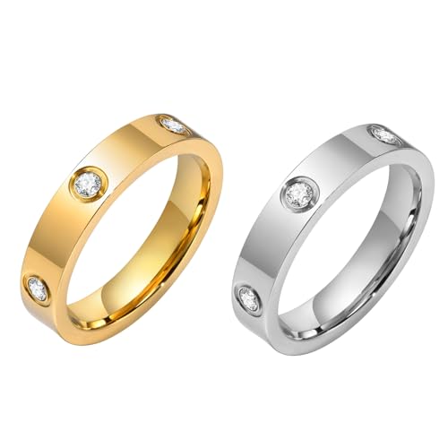 MPRAINBOW Gold Rings for Women, 18K Gold Plated Stainless Steel Cubic Zirconia Friendship Band Wedding Party Trendy Jewelry Gift Non-tarnish,Christmas Birthday Gifts for Girlfriend - color: 1 Gold and 1 Silver