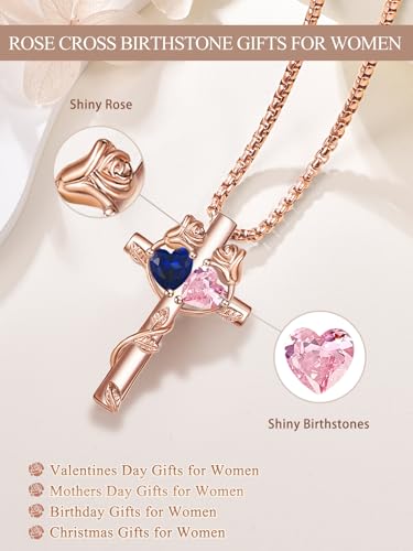 Rose Gold Cross Necklace with 2 Birthstones and Rose | Cross with Birthstone Necklace, Hypoallergenic, Adjustable Rolo Chain, Birthday Gifts, Catholic Christian Religious Jewelry - color: 09-10-Sept-Oct Birthstone