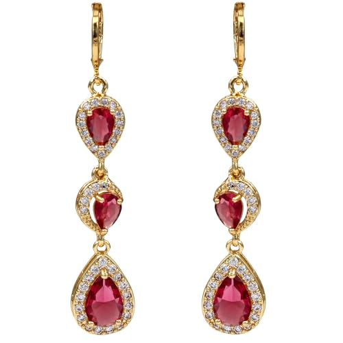 18K Gold Plated Flower Dangle Earrings for Women, Hypoallergenic Cubic Zirconia Earrings, Elegant CZ Drop Earrings, Statement Jewelry Gifts Party Fashion - style: OBS0354-Red