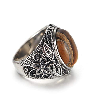 Retro Unisex Stainless Steel Oval Gemstone Hollow Flower Carved Signet Ring - color: Silver-Brown