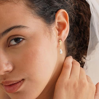 Plenky Pearl Earrings-14K Gold Plated Dainty Pearl Drop Simple Wedding CZ Dangle Dangling Cute Stud Earrings for Brides Earrings for Women Gifts - style: Teardrop Pearl Earrings