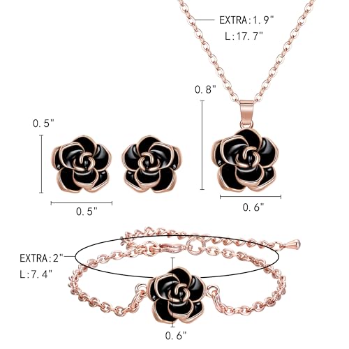 EleQueen Rose Flower Necklace Earrings Bracelet Set for Women - color: 02_Black Necklace+Earrings+Bracelet