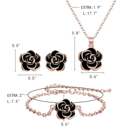 EleQueen Rose Flower Necklace Earrings Bracelet Set for Women - color: 02_Black Necklace+Earrings+Bracelet