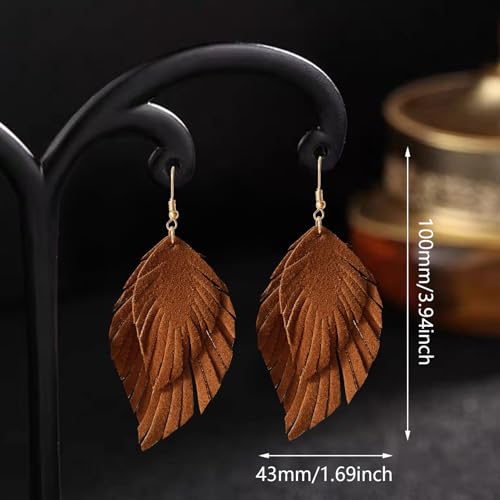 Handmade Bohemian Large Soft Genuine Leather Fringe Double Feather Dangle Drop Earrings Lightweight Simple Color PU Leaf Hook Earrings for Women - color: Brown