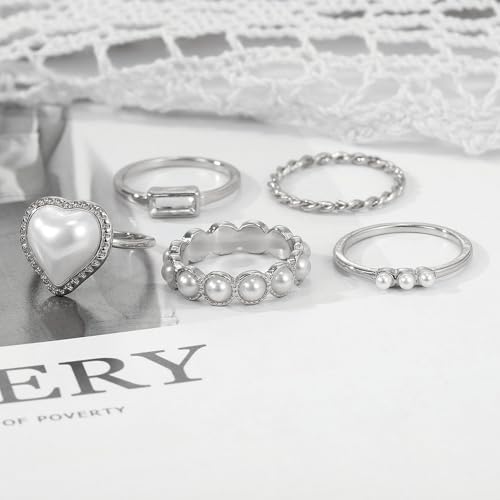 Layering Rings for Women, Adjustable Stainless Steel Joint Finger Cubic Zirconia Stackable Thumb Rings Band for Statement Open Knuckle Stacking for Women - color: Silver Heart 5PCS