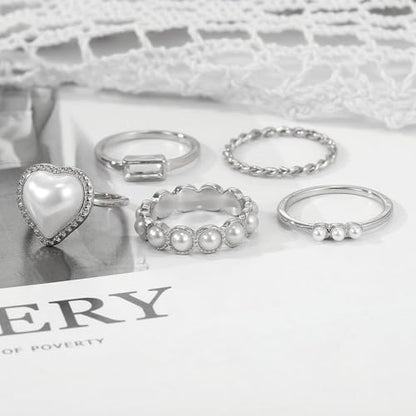 Layering Rings for Women, Adjustable Stainless Steel Joint Finger Cubic Zirconia Stackable Thumb Rings Band for Statement Open Knuckle Stacking for Women - color: Silver Heart 5PCS