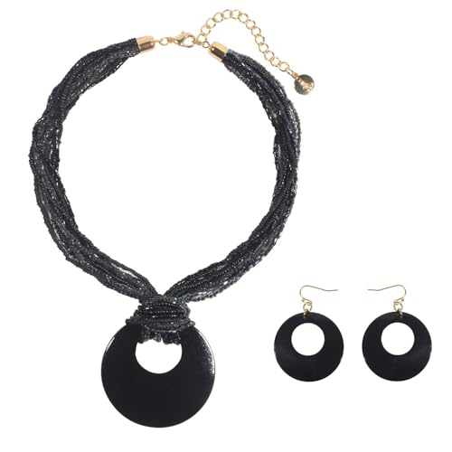 Coiris Multi Strand Statement Colorful Beaded Necklace with Big Circle Shell Pendant for Women - color: Black