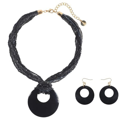 Coiris Multi Strand Statement Colorful Beaded Necklace with Big Circle Shell Pendant for Women - color: Black