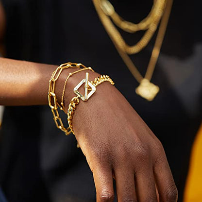 FRUMOS Dainty Layering Bracelets for Women 18 k Gold Plated Fashion Adjustable Chunky Cuban Paperclip Link Chain Bracelets Jewelry for Women Gift - color: Square buckle Cuba