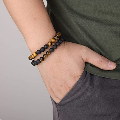 LONDON Mens Bracelet Leather Black Multi-Layer Stone Beads Adjustable Steel Clasp Viking Rope Bands Surfer Man Wristband Male UK Jewellery Gift box Boyfriend Dad Son Brother Tiger Eye - color: N. Tiger Eye & Lava Stone Mala Set, size: Medium to Large 20-2