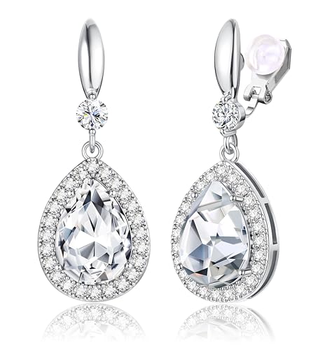 THUNARAZ Clip on Dangle Earrings for Women, Rhinestone Wedding Prom Jewelry | Clip Earrings Non-Pierced, Teardrop Dangle Earrings, Crystal Drop Earrings, Elegant Rhinestone Jewelry for Bride Bridesmaid - color: Silver Tone/Clear Stone