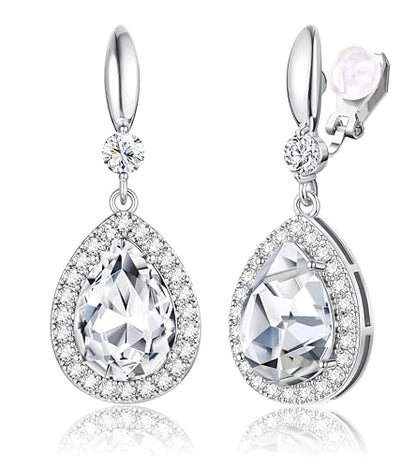 THUNARAZ Clip on Dangle Earrings for Women, Rhinestone Wedding Prom Jewelry | Clip Earrings Non-Pierced, Teardrop Dangle Earrings, Crystal Drop Earrings, Elegant Rhinestone Jewelry for Bride Bridesmaid - color: Silver Tone/Clear Stone