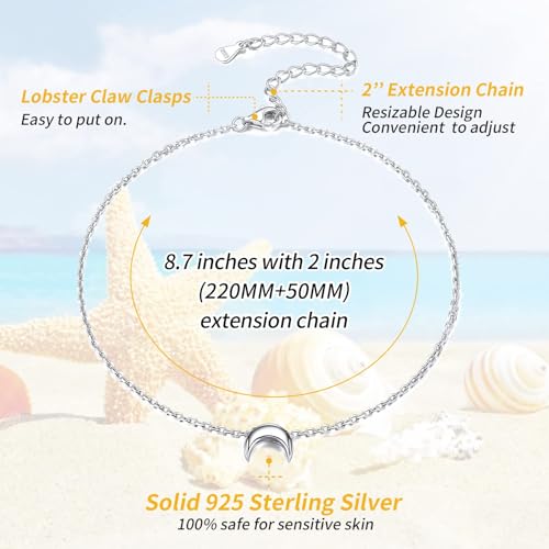 ChicSilver Personalized 925 Sterling Silver Tiny Heart/Moon/Star/Sun/Dot/Triangle Anklets Simple Dainty Foot Jewelry for Women, Silver/Gold Plated/Rose Gold Plated - style: Silver Moon Custom