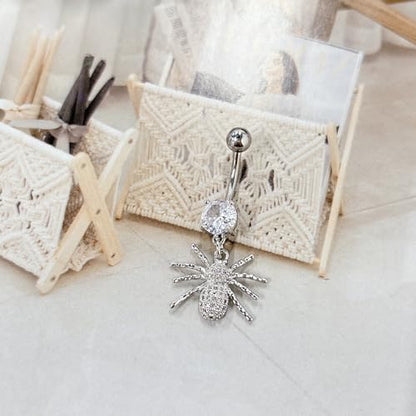 14G Crystal Spider Dangle Belly Button Ring for Women Men Stainless Steel Cubic Zirconia Statement Goth Insect Charm Navel Rings Curved Barbell Simple Sexy Halloween Body Piercing Jewelry - color: Silver