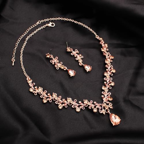 3Pcs Austrian Crystal Jewelry Set for Women, Necklace Dangle Earrings Link Bracelet Jewelry Set with Gold/Platinum/Gun Plated, Wedding Party Jewelry for Bridal Bridesmaid - color: Peach-Rose Plated