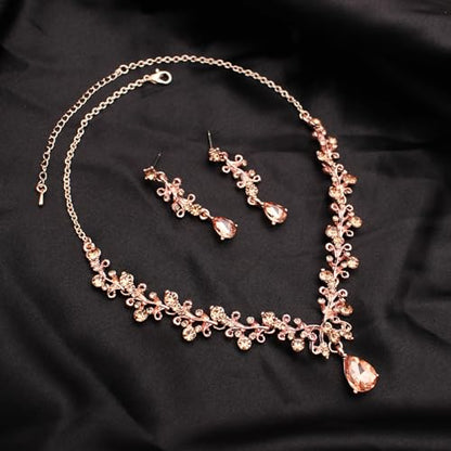 3Pcs Austrian Crystal Jewelry Set for Women, Necklace Dangle Earrings Link Bracelet Jewelry Set with Gold/Platinum/Gun Plated, Wedding Party Jewelry for Bridal Bridesmaid - color: Peach-Rose Plated