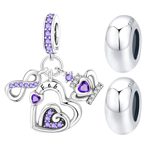 3PCS Birthstone Stone Charms for Charms Bracelet 925 Sterling Silver Infinity Love Heart Crown Dangle Charms Spacer Stopper Beads for Bracelets and Necklaces, Birthday Mother's Day Christmas Gifts For Women. - color: 02 Feb. 3PCS