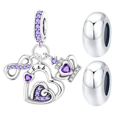3PCS Birthstone Stone Charms for Charms Bracelet 925 Sterling Silver Infinity Love Heart Crown Dangle Charms Spacer Stopper Beads for Bracelets and Necklaces, Birthday Mother's Day Christmas Gifts For Women. - color: 02 Feb. 3PCS