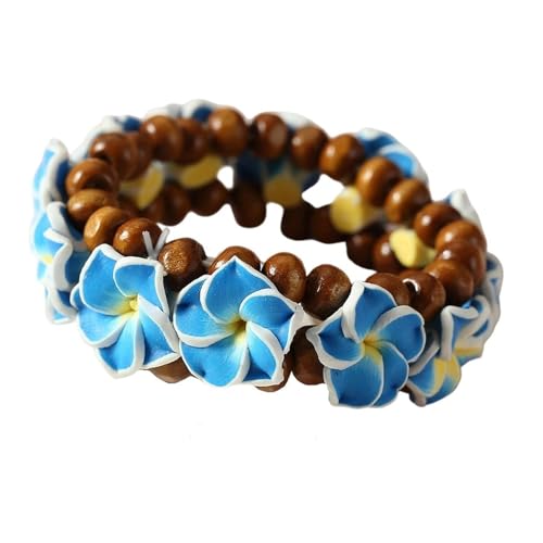 Hawaiian Plumeria Rubra Wooden Beaded Bracelet for Women Boho Polymer Clay Plumeria Flower Stretch Bracelet Summer Beach Jewelry - color: Blue