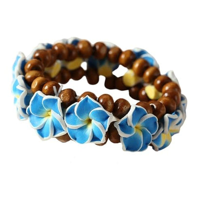 Hawaiian Plumeria Rubra Wooden Beaded Bracelet for Women Boho Polymer Clay Plumeria Flower Stretch Bracelet Summer Beach Jewelry - color: Blue