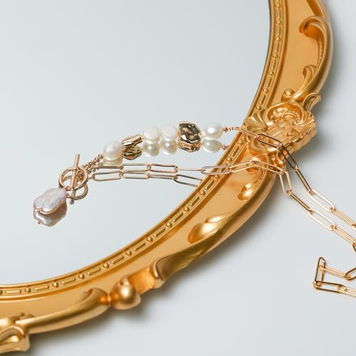 Gold Cuban Chain Necklace Baroque Pearl Necklace 14K Gold Plated Freshwater Pearl Pendant Necklace Daily Jewelly for Women