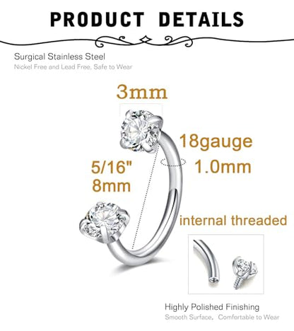 MODRSA Silver Gold Horseshoe Nose Ring 18g Double Gem Horse Shoe Nose Ring Hoop for Women Surgical Steel Half Hoop U Shape Tragus Earring Hoops Labret Lip Helix Piercing Jewelry Septum Rings 18 Gauge - color: A - Silver