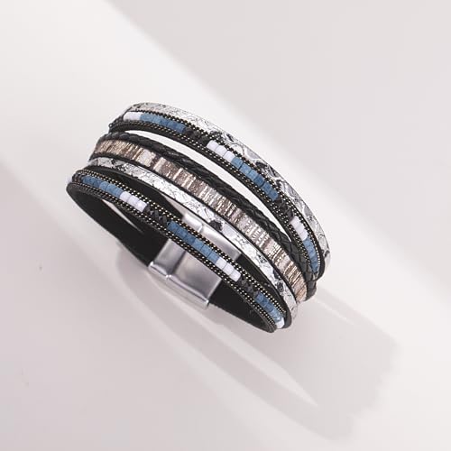 Boho Layered Leather Wrap Bracelets Chunky Western Country Hippie Jewelry | Stackable Bohemian Cowgirl Magnetic Clasp Cuff Bangle Set Fashion Stack Statement Festival Trendy Jewelry Gifts for Women - color: Black
