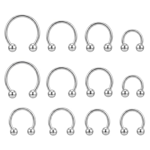 Yolev 12pcs Septum Piercing Jewelry 16g Septum Ring Silver Small Horseshoe Nose Ring Surgical Steel Cartilage Earring Hoop Eyebrow Helix Tragus 6-16mm