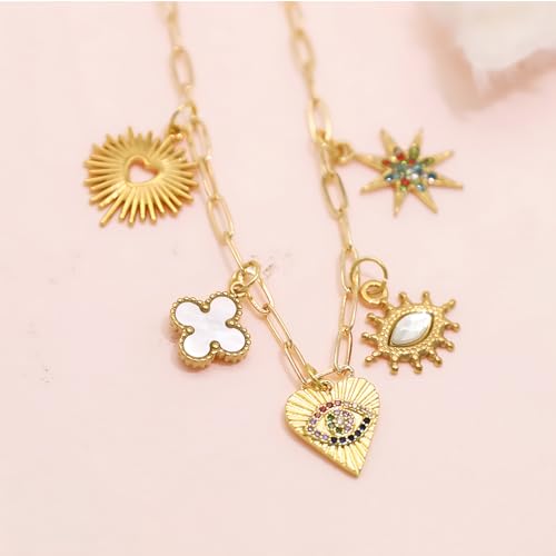JNF Cute Shell Conch Boho Charm Necklace for Women Sun Moon Star Coin Heart Flower Boot Bow Charms Necklaces Summer Beach Jewelry - color: rhinestone heart star necklace