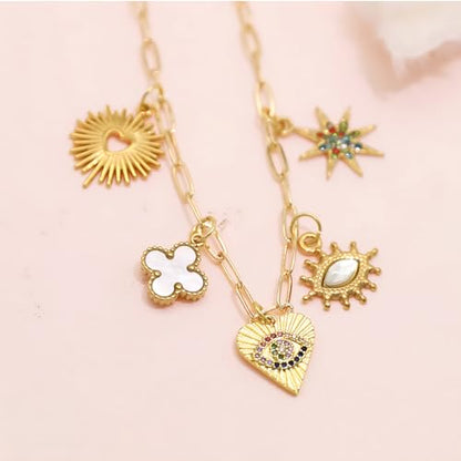 JNF Cute Shell Conch Boho Charm Necklace for Women Sun Moon Star Coin Heart Flower Boot Bow Charms Necklaces Summer Beach Jewelry - color: rhinestone heart star necklace