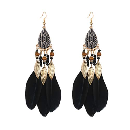Dreuyet Boho Long Feather Drop Dangle Earrings for Women Retro Bohemian Ethnic Fringe Multicolor Tassel Feather Earring Handmade Statement Dream Catcher Earrings Jewelry - color: Black Teardrop