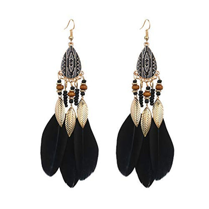 Dreuyet Boho Long Feather Drop Dangle Earrings for Women Retro Bohemian Ethnic Fringe Multicolor Tassel Feather Earring Handmade Statement Dream Catcher Earrings Jewelry - color: Black Teardrop