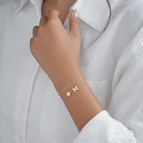 Gold Initial Bracelets for Women Trendy, Dainty Layered 14K Gold Plated Heart Letter Charm Bracelets, letter beads for name bracelets Jewelry Gifts - color: Gold-D